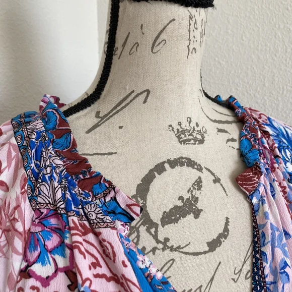 By Anthropologie Robin Tiered Mini Dress L Boho Floral Festival Flowy Patchwork - Picture 7 of 17